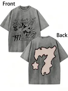 Unisex Graffiti Number 7 Star Print Cotton Short Sleeve T-Shirt, Casual Loose-Fitting H-Type Top, Graphic Pattern, No Zipper