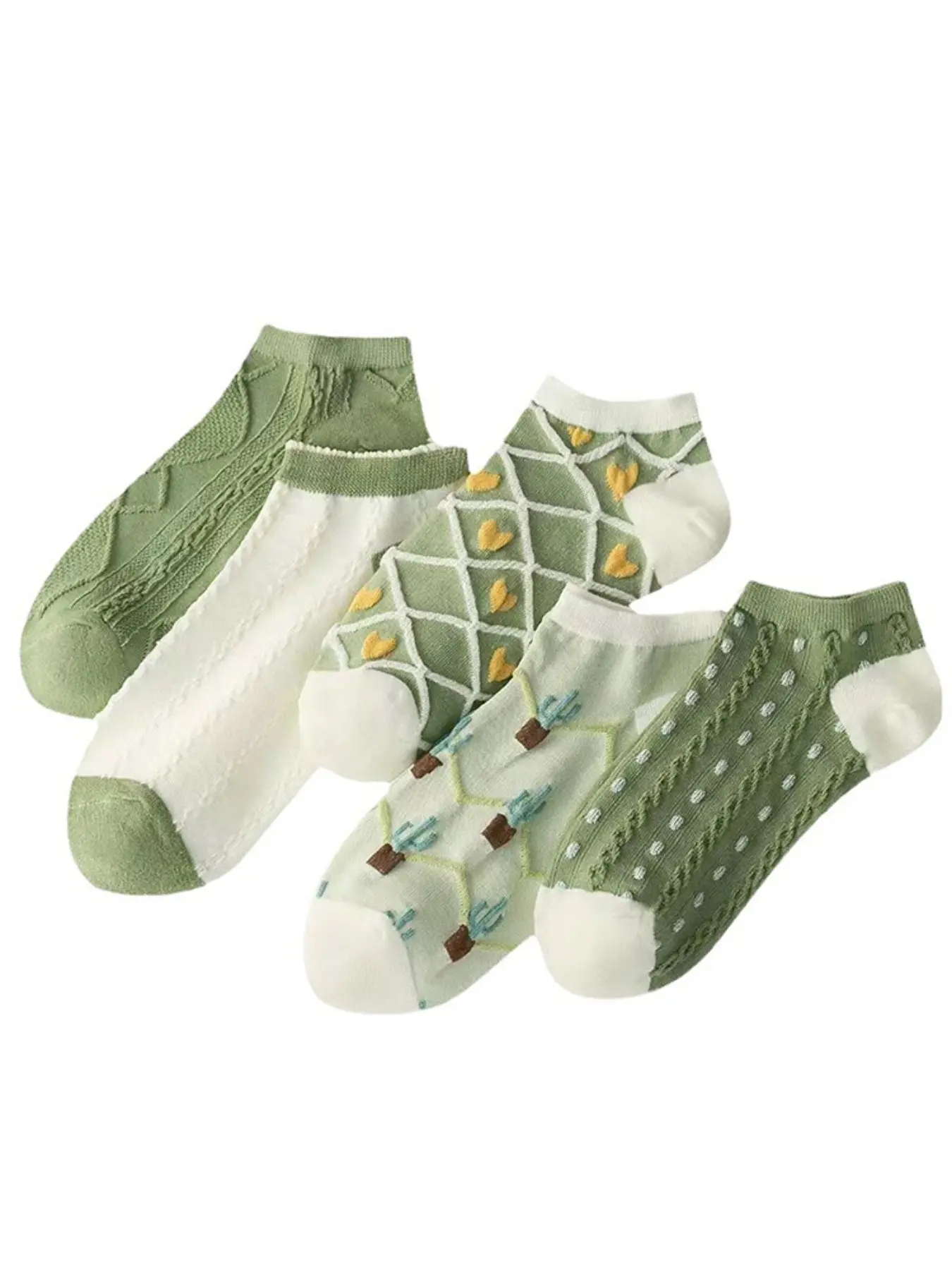 5 Pairs of Women's Spring/Summer Avocado Green Ankle Socks – Soft, low-saturation avocado green hue, gentle on the eyes and brightens everyday outfits with a fresh spring vibe