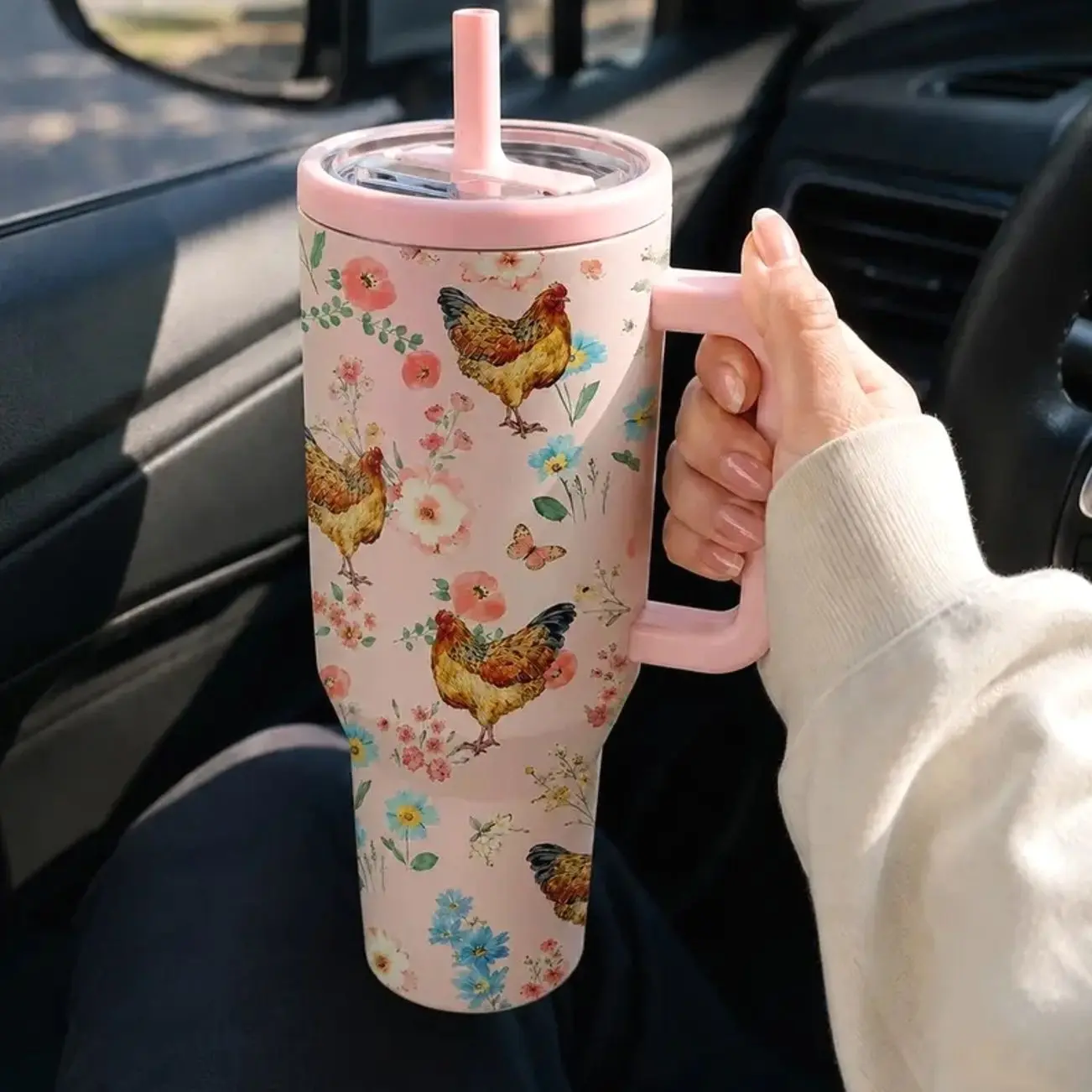 Pink Floral Chicken Pattern Insulated Tumbler with Handle & Flip Straw Lid, Double Wall Vacuum Leak-Proof Travel Mug, Hot 12H Cold 24H, Large Capacity Cup for Men Women, Easter Birthday Farmhouse Gift