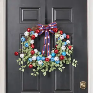 America 250 Celebration - Red, White & Blue Bells and Watermelon Vine with Stars and Stripes Bow Patriotic Americana Front Door Wreath