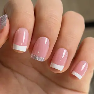 CurvLife Sparkle French Press-On Nails – 30PCS Short Square, Nude Base with Silver Glitter French Tips | Simple yet Luxurious | Easy to Apply, Comfortable & Long-Lasting | Ideal for Work, Weddings & Daily Wear