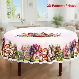 1pc, Easter Party Tablecloth, Spring Summer Rabbit Tulip Garden Floral Printed Design, Rectangular/Round/Oval Table Cloth, Embossed Edges, Suitable For Picnic Dinner Kitchen Dining Room Decoration
