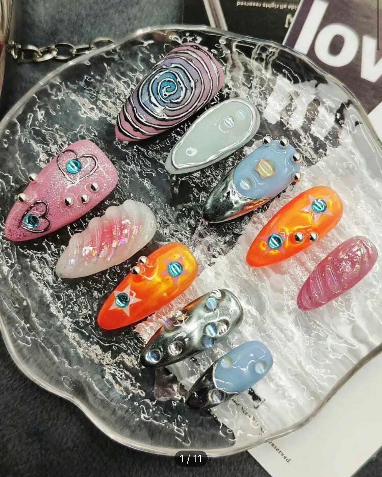 Almond Shaped Handmade 10 Nail Summer Multi Color Hand Drawn High End Spicy Girl Gentle Wind Magic Sun And Sparkle Fine Sparkle Gemstone