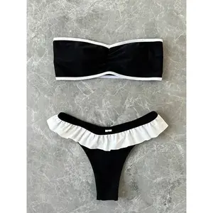 Women’s Strapless Two-Piece Swimsuit, Solid Color Patchwork Design, Push-Up Ruffled Detail, Thong Bottom, Beach & Hot Spring Bikini Set, New Bandeau Swim Top