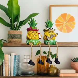 Tropical Pineapple Shelf Sitter Figurine (Sold Individually) - Funny Fruit Statue with Hanging Rope Legs, Decorative Sit on Ledge Fruit Figurine playing Guitar or holding Lifebuoy, Creative Gift for Fruit Lover. Hawaiian Coastal Home Decor