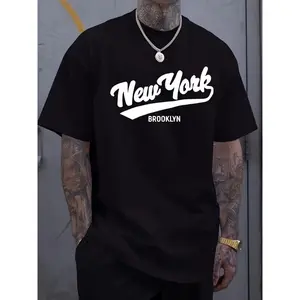 Men's New York Brooklyn Graphic Print T-Shirt - Black with White Lettering, Casual Round Neck Short Sleeve