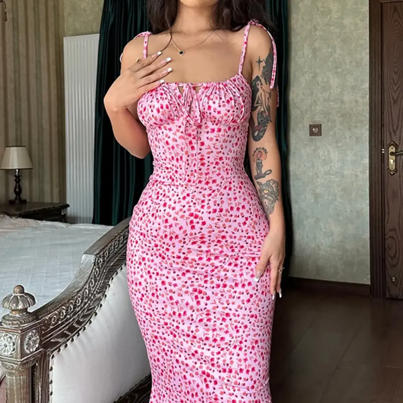 【Black Friday】Women's Ditsy Floral Print Backless Tie-Shoulder Mermaid Dress, Tie-Front Maxi Cami Bodycon Dress for Holiday Party, Summer Dresses for Women