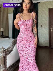 Women's Ditsy Floral Print Backless Tie Shoulder Mermaid Dress, Elegant Tie Front Maxi Cami Bodycon Dress for Holiday Party, Summer Clothes Women, Summer Dresses for Women