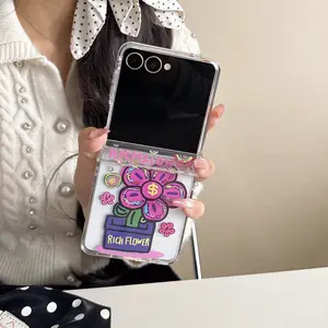 Creative Korean Purple Flower Applicable Samsung zFlip7 Mobile Phone Case Folding GalaxyZFlip6/5/3 Cute Girl W26/W25/W24Flip Personality/Female Flip Anti-drop Case