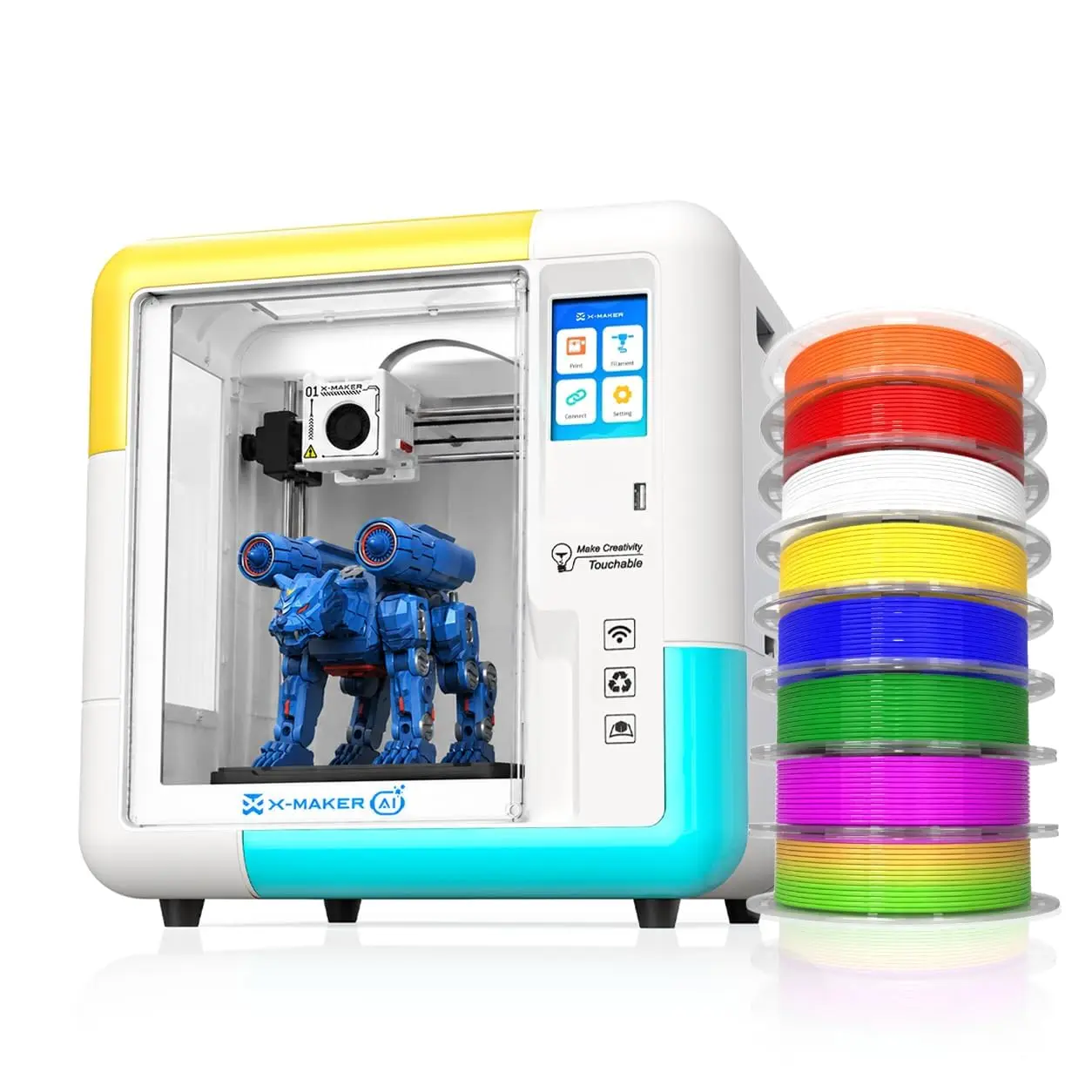 AOSEED X-MAKER AI+ Enclosed 3D Printer Creator Bundle for Beginners, with AI Design App, Wi-Fi, 3.5-Inch Touchscreen, Auto Leveling Setup, Creative DIY & Character Print Capabilities