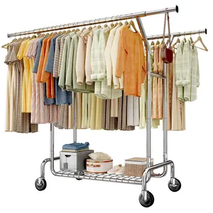[RaybeeBrandyDay]RaybeeFurniture Chrome Clothes Rack, Clothes Racks for Hanging Clothes 200+, 430LBS Single/Double Rod Clothing Rack with Sturdy Wheels & Shelves [BlackFridayCyberMonday]