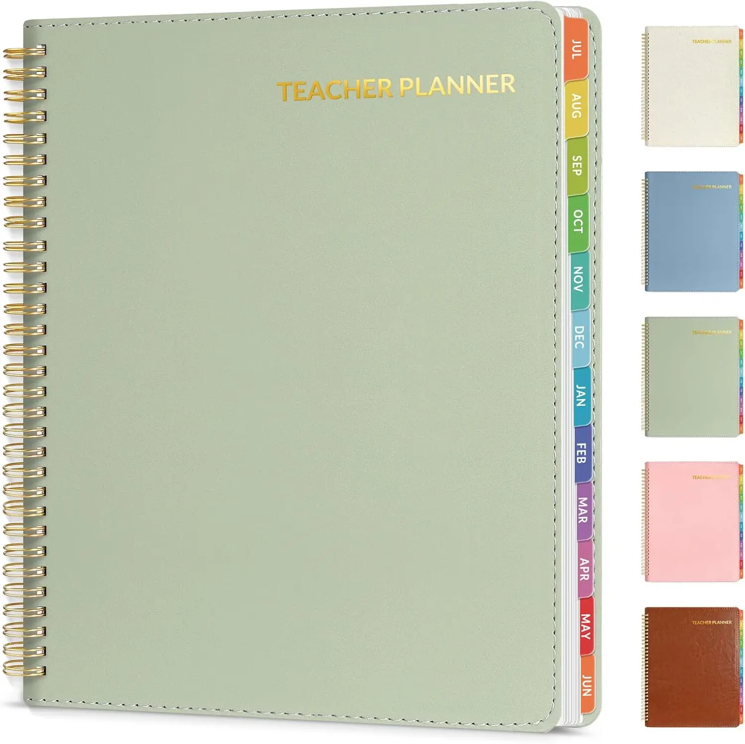 SUNEE Teacher Planner 2026-2027 Academic Year with 7 Periods, Jul 2026 - Jun 2027 Lesson Planner Book 8.5"x11" School Agenda with Subjects, Teacher Calendar with Vegan Leather Cover, Color Tabs, Green