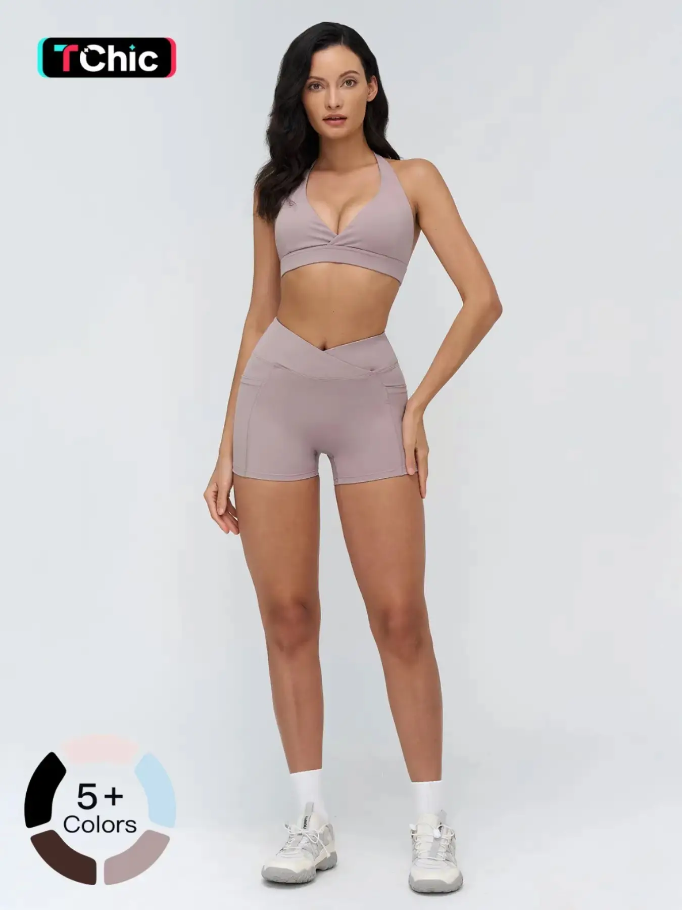 Women's Sporty Tight-Fitting Deep V Lingerie Set, Pocket Shorts & Sports Bra Vest, Casual Sporty Quick Drying Two-piece Outfits, Yoga Gym Workout Running Clothes, Sweatsuit With Pockets, Breathable Activewear, Workout Sets, Workout Sportswear