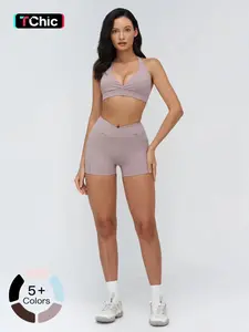 Women's Sporty Tight-Fitting Deep V Lingerie Set, Pocket Shorts & Sports Bra Vest, Casual Sporty Quick Drying Two-piece Outfits, Yoga Gym Workout Running Clothes, Sweatsuit With Pockets