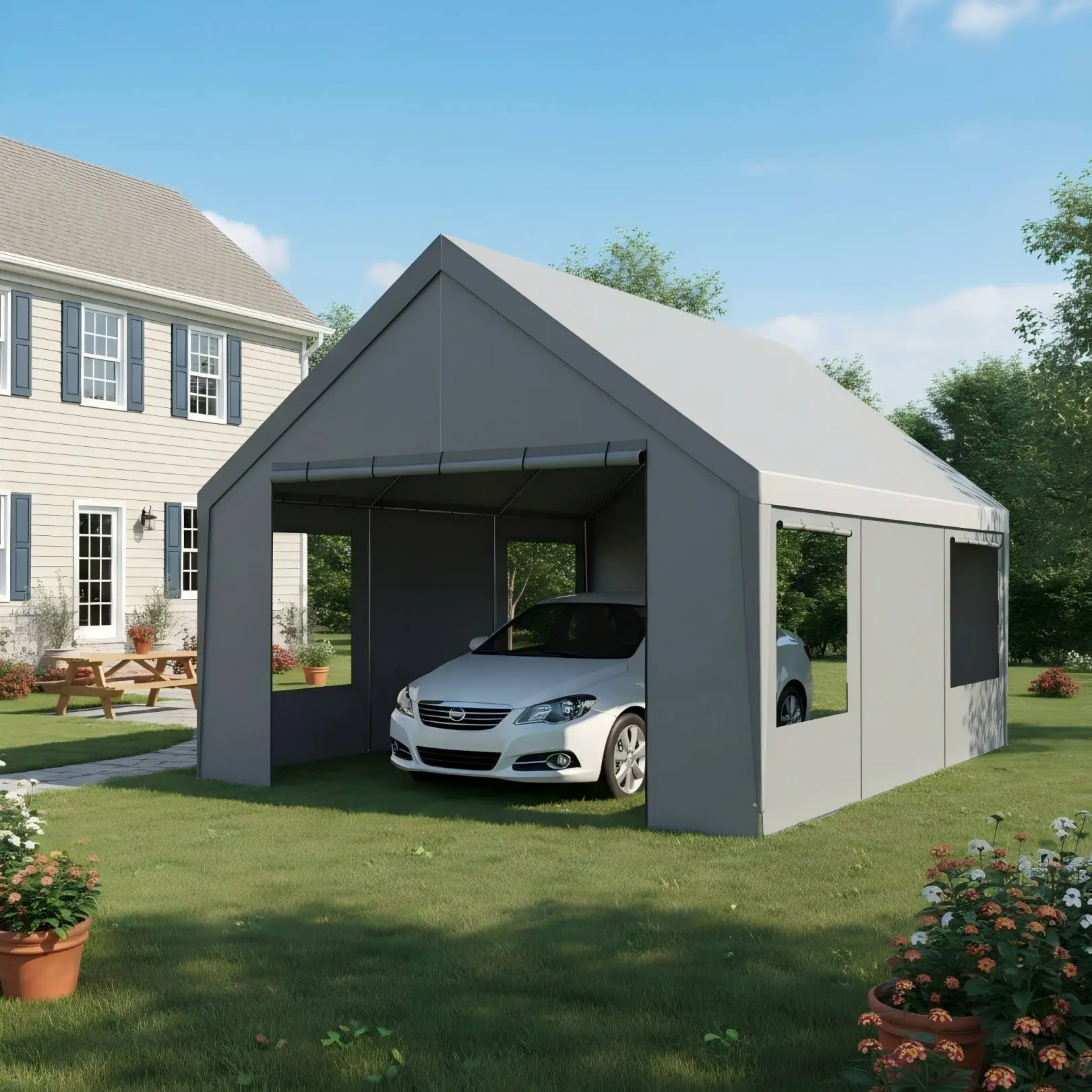 20x20 Heavy Duty Galvanized Steel Frame Car Tent, Waterproof Anti-Snow Round Outdoor Carport with Vents, Large Space Portable Garage with Unobstructed Access for Versatile Usage (Car, Truck), Heavy Duty Retractable Tents