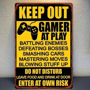 Aluminum Retro "Keep Out Gamer at Play" Humorous Tin Sign Wall Art, Vintage Distressed 12x8 Inch Rectangle Design Durable Metal Warning Plaque for Man Cave, Game Room, Bar, Garage Decor