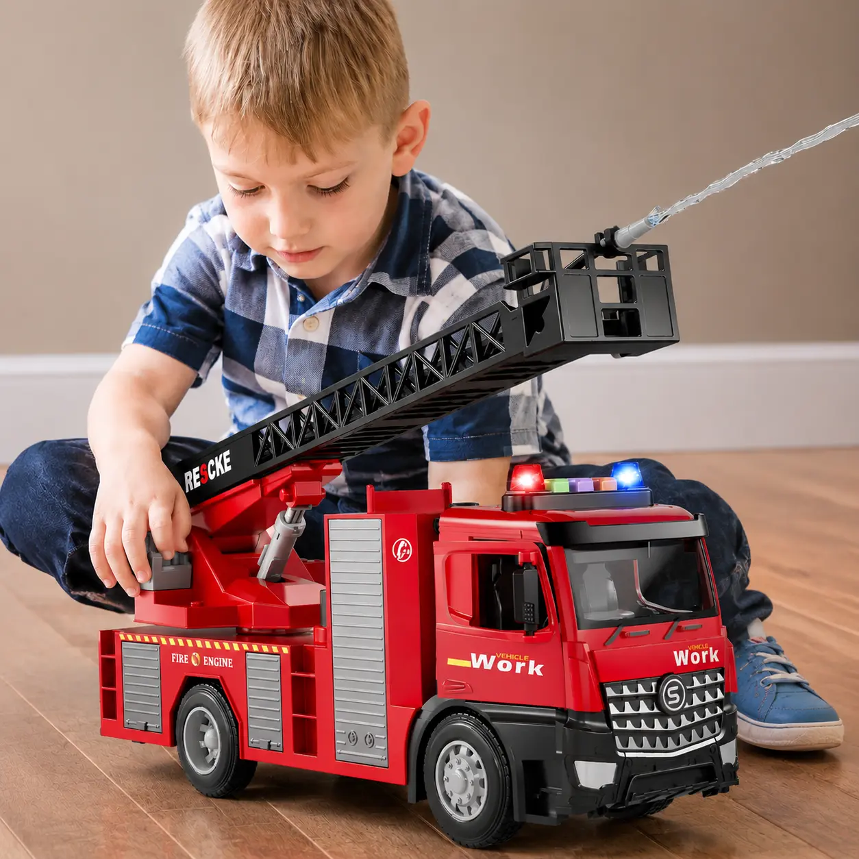 Boys Exclusive Metal Alloy Fire Rescue Truck Pretend Play Toy for Kids 3+,Practical Water Spraying Function&Long Telescopic Extension Ladder Design,Cool Integrated Flashing Light and Music Sound Effects,Shockproof Drop-Resistant Sturdy Alloy Car Body