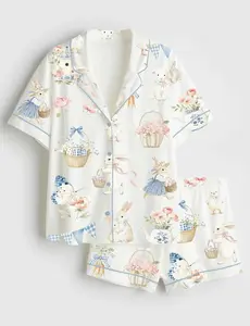 Easter Bunny Pajama Set for Women, Cute Spring Sleepwear, Pastel Rabbit Floral PJs, Short,Long Sleeve Button Up Nightwear Gift