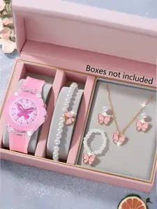 Cute Silicone Butterfly Glowing Quartz Watch Set, Beaded Butterfly Bracelet Necklace Earrings Jewelry, Best Birthday Gift for Kids Wristwatch Child Watch Accessories