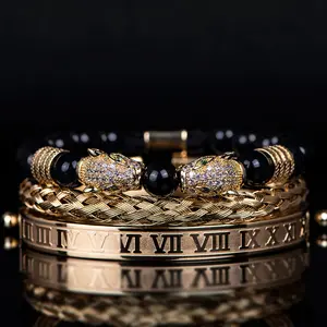 (Golden)Men's Black Double Leopard Head Woven Bracelet with Stainless Steel Roman Numeral Chain Set-Vintage European Style