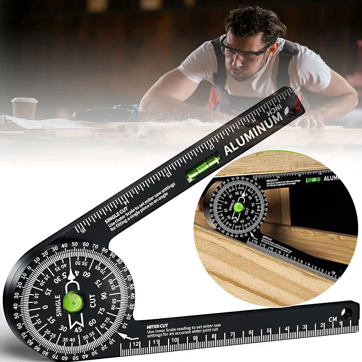 Miter Saw Protractor Aluminum Angle Finder with High Precision Laser Level CNC Machined for Carpentry Plumbing Building Trades 360° Rotation
