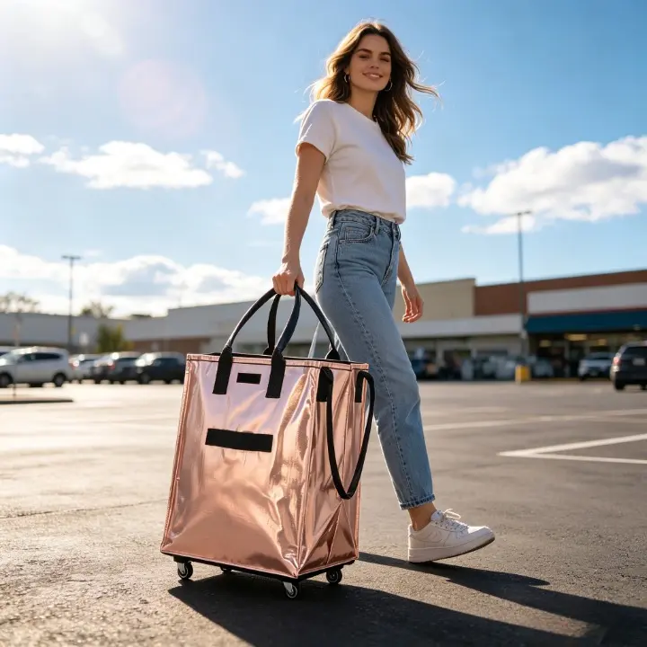 Foldable Rolling Shopping Bag with Wheels, Large Capacity Waterproof Reusable Grocery Tote, Collapsible Shopping Cart Bag with Zipper Closure, Heavy Duty Portable Utility Storage Organizer for Grocery, Laundry, Travel, Camping, Beach Moving 90 lb Capacity