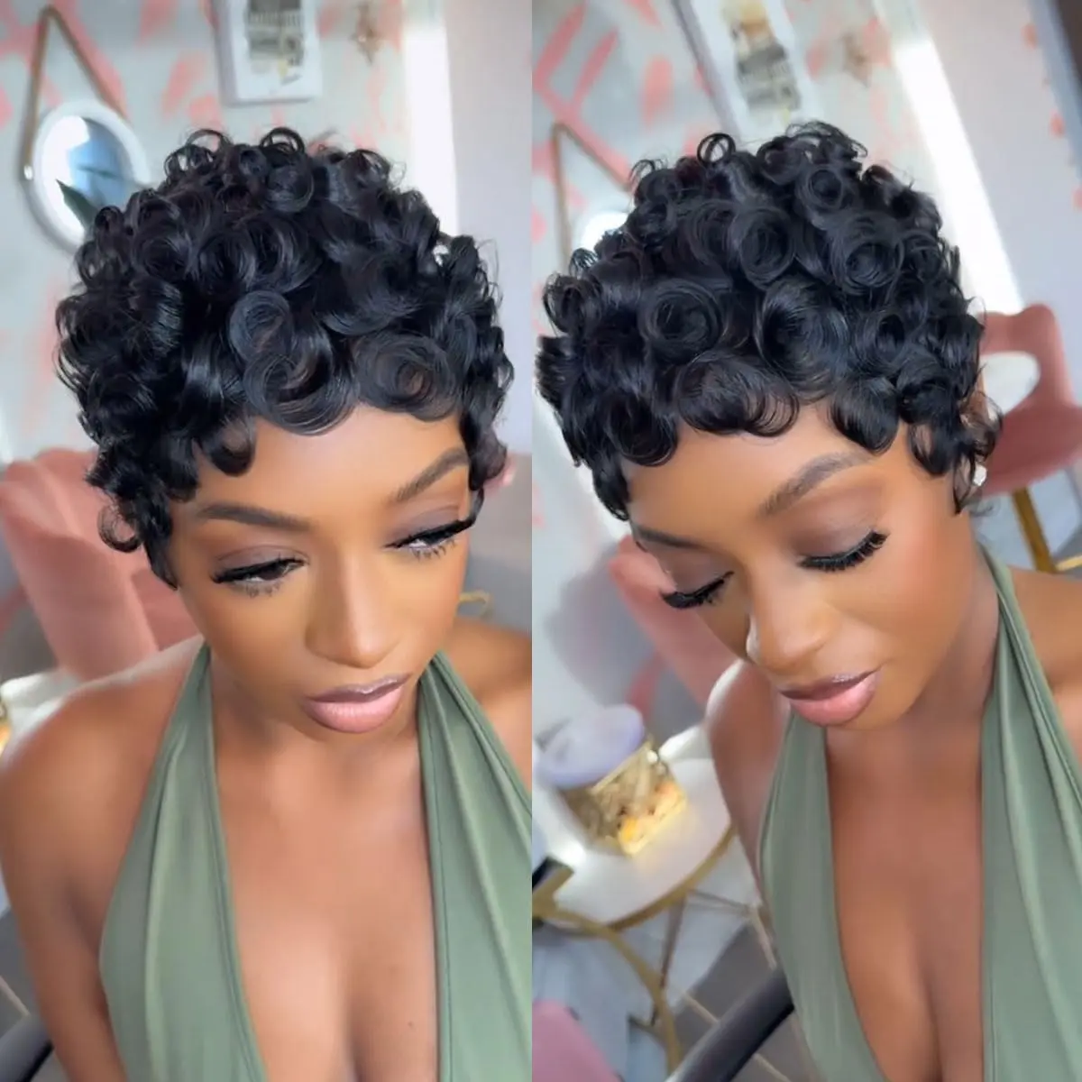 CX025 Female Real Human Hair Wig, Elegant Short Length Pixie Shape Curled Texture Layered Style with Bangs, Natural Color Summer No-Glue Full Machine Wig, Female Wig