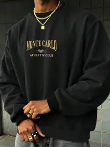 Men's Plus Size Casual Round Neck Long Sleeves Fitted Pullover Sweatshirt, Unique Graphic Letter Print Design, Soft Material, Comfortable Wear