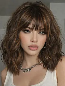 Short Highlight Wigs with Bangs for Women, Bob Synthetic Machine Wigs, Natural Shoulder Length, Wavy Heat Resistant Hair, Daily Party Use
