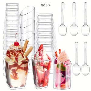 300pcs small dessert cups with spoons, made of transparent plastic. Perfect for serving parfaits and appetizers. Designed with an inclined round shape for easy holding of desserts and small portions.