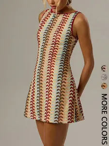 Women's Vintage Geometric Print Sleeveless Tank Dress, Casual Beach Sundress, Slim Fit Waist Empire Hem Cocktail Mini Skirt, Retro Style Summer, Casual Boho Chic, Chic