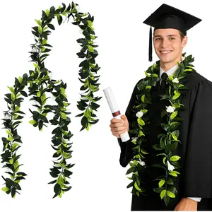 2 Pcs Hawaiian Graduation Leis 5.9 ft Maile Lei Green Garland with White Tuberose Class of 2026 Grad Gifts Leaf Flower Necklace for Wedding Luau Aloha School Ceremony Summer Party Supplies