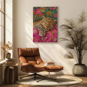 Sleeping Leopard Canvas Wall Art, Maximalist Pink Dopamine Poster, Bold Animal Print, Eclectic Floral Pop Art Decor for Bedroom Living Room Apartment, Vibrant Aesthetic Wall Decoration
