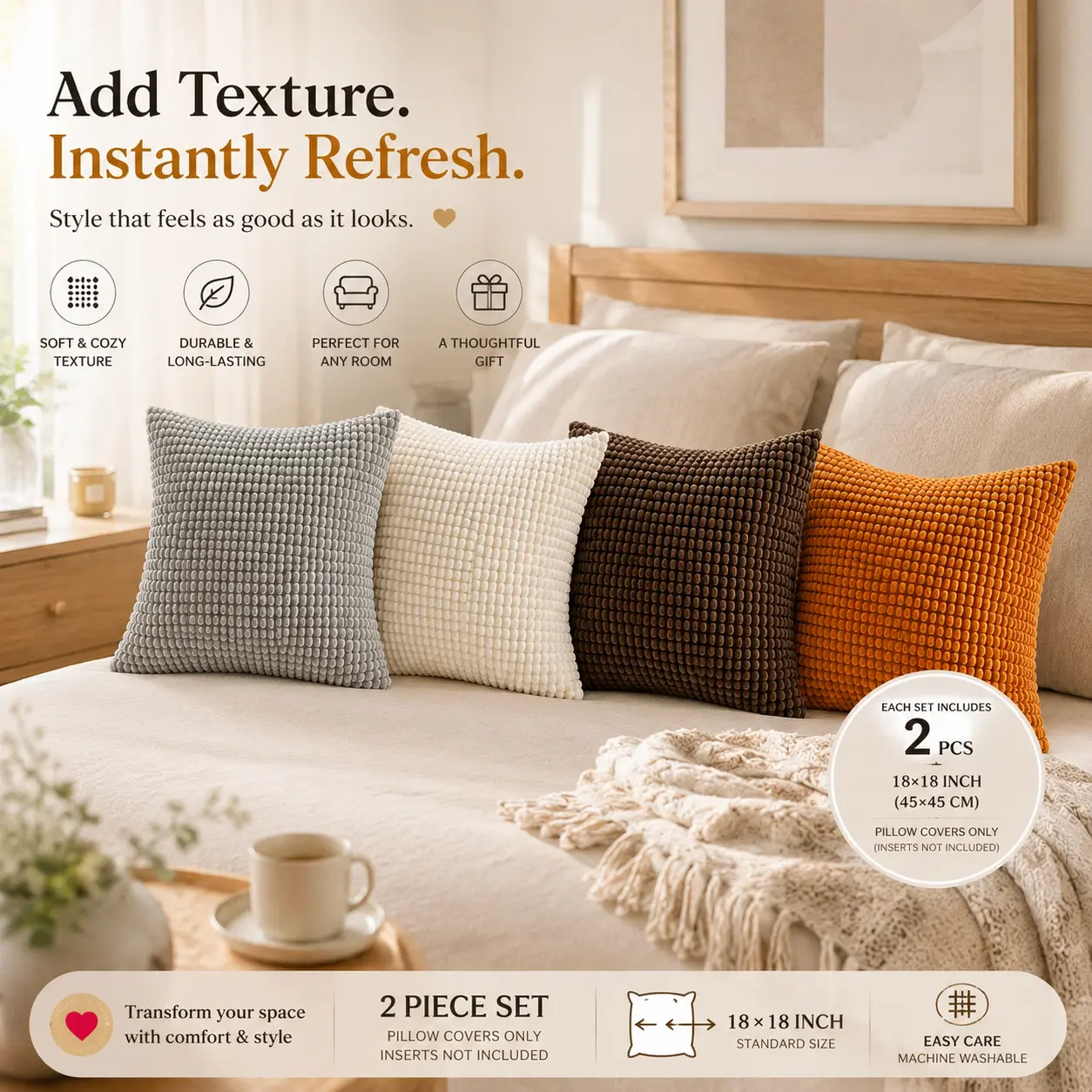 2-Pack 18x18 in Corduroy Throw Pillow Covers, 3D Corn Kernel Textured Decorative Cushion Slipcovers with Invisible Zipper, Country-Style Covers for Sofa Couch Living Room Decor, Country Look