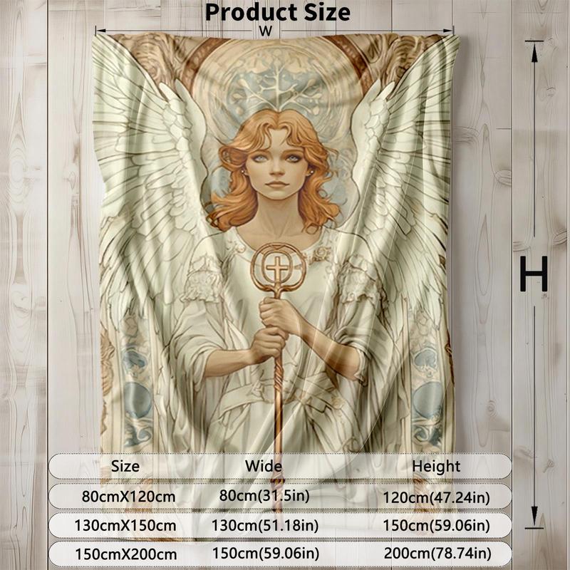1 piece White-clad angel holding a staff, holy angel image themed flannel blanket - Oversized fluffy warm sofa blanket, flannel for beds, all-season multi-purpose, modern style, machine washable, digital print design, 100% polyester, suitable for