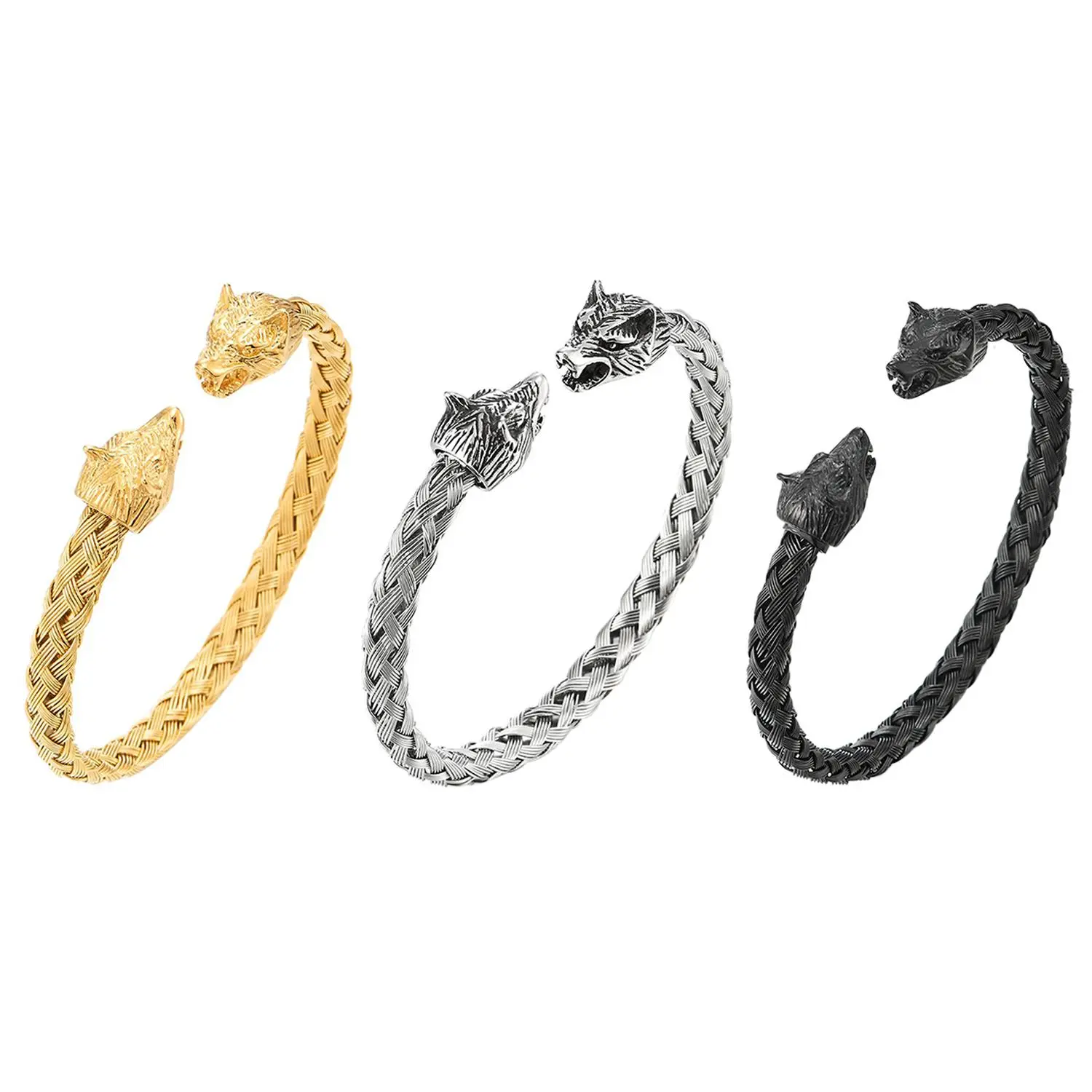 OIDEA Men's Biker Wolf Head Bracelet - Stainless Steel Braided Cable Adjustable Open Cuff, Mirror Polish Animal Motif Jewelry Gift for Wolf Symbolism Lovers, 7.48" Inner Circumference Sliding Bangle