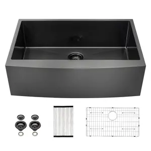 Sarlai 27/30/33/36 x 21 Inch Gunmetal Black Farmhouse Kitchen Sink Single Bowl 16 Gauge Stainless Steel Sink Apron Front Kitchen Sink