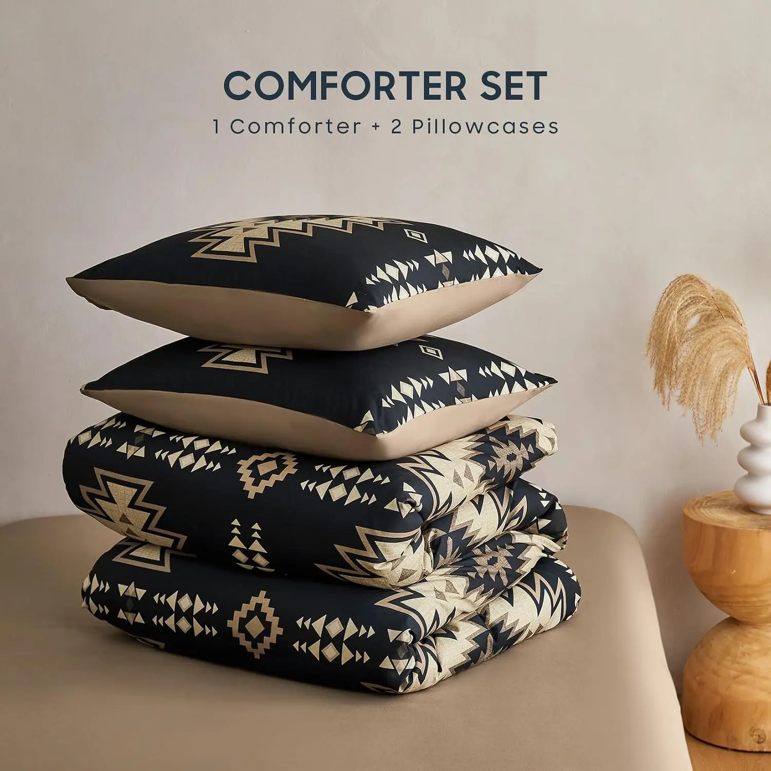 3-Piece King Size 100% Polyester Comforter Set - Bedspread Set for Bedroom, Soft Texture Southwest Vibe Aztec Blocks Geometric Pattern, Tan Black Boho Rustic Farmhouse Home Decor Bedding