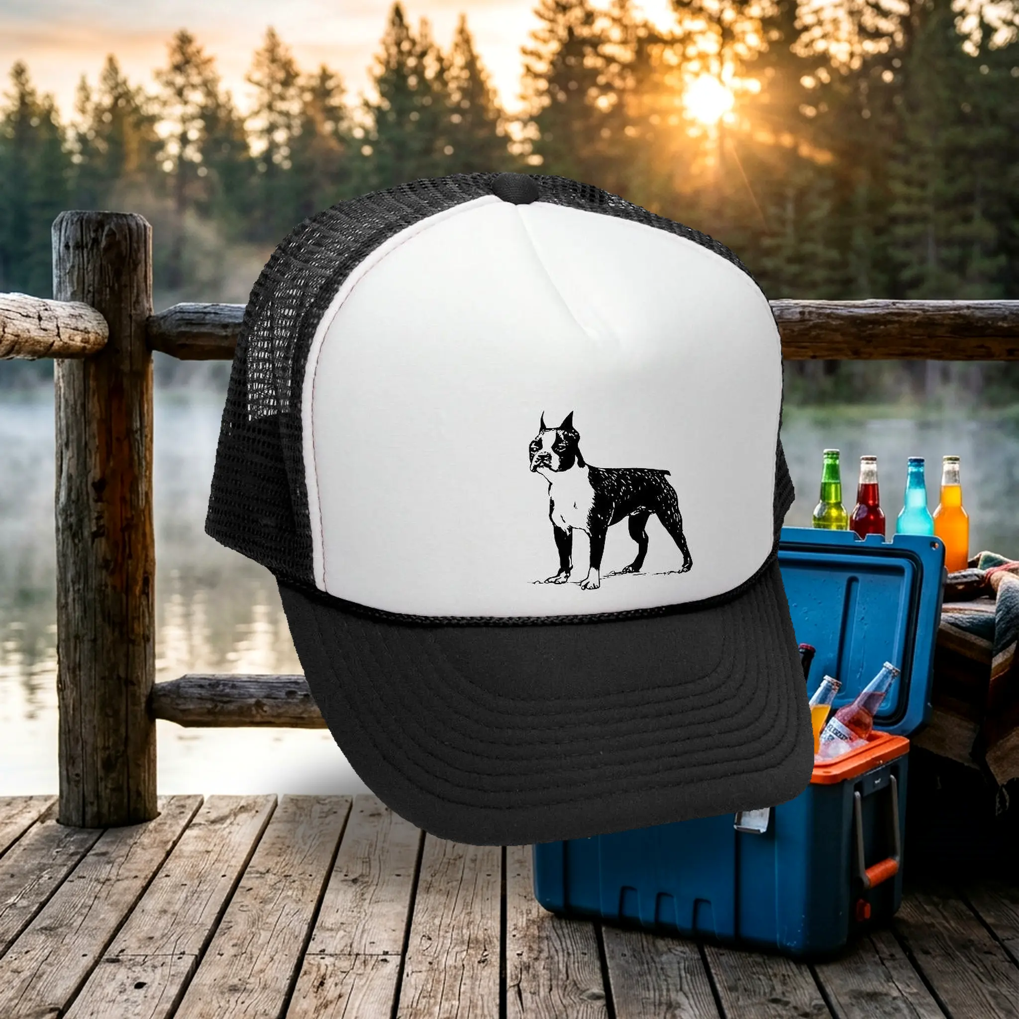 Boston Terrier Trucker Hat - Mesh Cap - Flat Bill Snap Back 5 Panel Hat