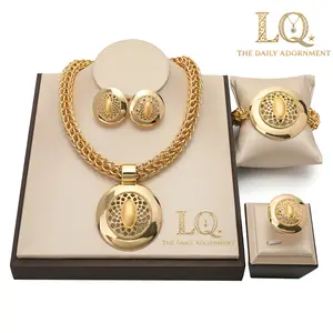 LQ Complete Bridal Jewelry Set for Women - Big Round Gold Statement Necklace Set with Bracelet Earrings Ring - Dubai African Style Chunky Chain Accessories - Elegant Fashion Ornament for Wedding, Prom, Party & Birthday