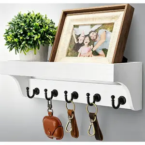 Key and Mail Holder for Wall with Floating Shelf : Decorative Hanging Organizer with 5 Sturdy Keys Hooks and Wall Mount Key Rack - Farmhouse Entryway Décor (Modern White)