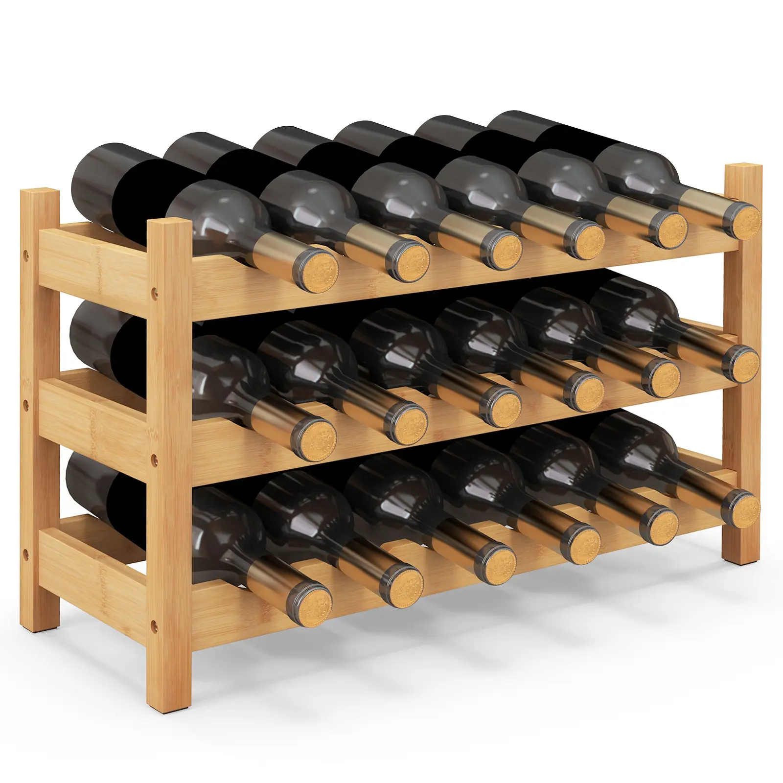 COSTWAY - 3-Tier Bamboo Freestanding Countertop Wine Bottle Organizer-Natural