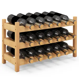COSTWAY - 3-Tier Bamboo Freestanding Countertop Wine Bottle Organizer-Natural