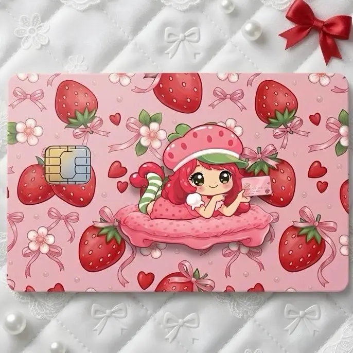 Strawberry Girl Credit Card Skin Cute Waterproof Vinyl Sticker Aesthetic Card Cover 3.37 x 2.125 in Premium Scratch Resistant Laminated Protection for Standard Cards