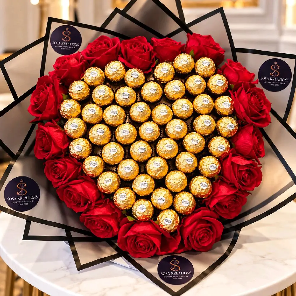 Sosa Kreations Luxury Ferrero Rocher Heart Bouquet with Red Roses & Chocolates for Valentine's Day & Anniversaries