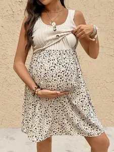 DAISY x Cream Yellow Floral Patchwork Round Neck Sleeveless Front Center Fake Placket Maternity Nursing Dress Summer Dresses For Women