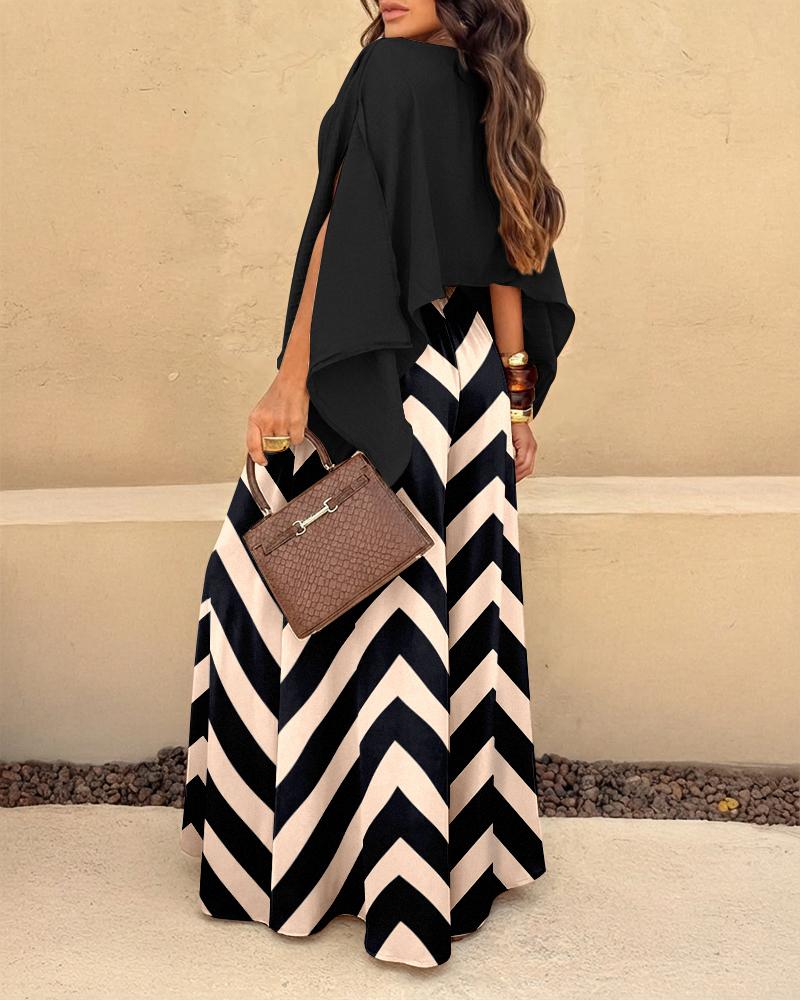 ChicMe Women's 3 Pieces Outfit Elegant Pant Set with Convertible Split Sleeve Top & High Waist Chevron Print Wide Leg Pants Chic Vacation Outfit for Women