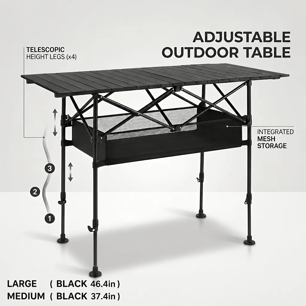 Portable Height-Adjustable Folding Table with Storage Bag, Camping BBQ Folding Table, 46.4In X 37.4In, Multi-Size Options, Picnic BBQ Table, Easy Style, Sturdy And Easy to Handle, Portable Camping Gear, Outdoor Picnics, for Outdoor Cooking, Picnics