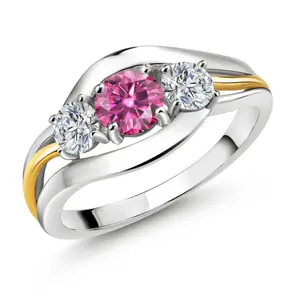 Gem Stone King 925 Silver and 10K Yellow Gold 3-Stone Ring Round Pink Moissanite and Lab Grown Diamond G/H (1.04 Cttw)