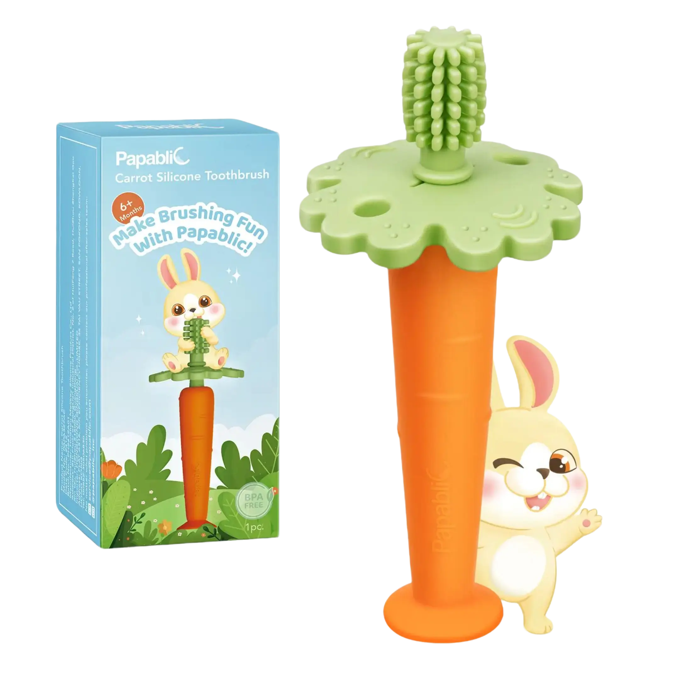 Papablic Carrot Teether Toothbrush, Silicone Teething Stick for Babies 6-12 Months with 360 Soft Bristles, Suction Base & Safety Choke Guard